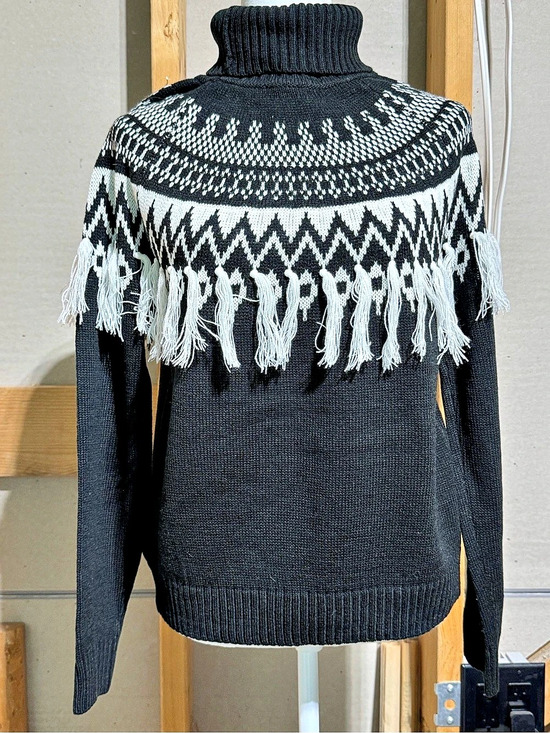 Cato Sweaters - Cato Black & White Fringe Turtleneck Sweater Size Medium NWT